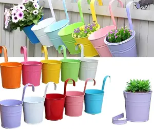 Trendi Set of 10 Colorful Metal Hanging Planters with Drainage Holes & Detachable Hooks - Balcony & Fence Garden Decor