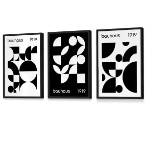 Bauhaus Style Graphical Black & White Geometric Set of 3 Wall Art Prints / 42x59cm (A2) / Black Frame