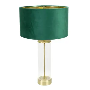 ValueLights Balan Glass with Gold Table Lamp and Forest Green Velvet with Metallic Gold Inner Lamp Shade and LED Bulb