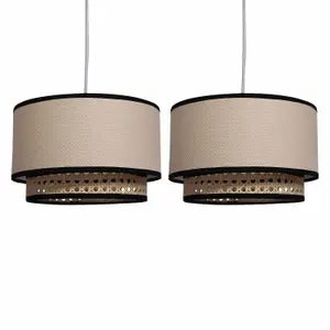 First Choice Lighting Set of 2 Koral Natural Rattan and Cane 25 cm Easy Fit Two Tier Pendant Shades