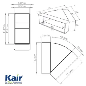 Kair 45 Degree Horizontal Elbow Bend 110mm x 54mm - 4 x 2 inch Rectangular Plastic Ducting Adaptor