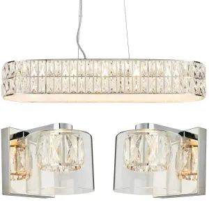 5 Bulb Ceiling Bar & 2x Matching Wall Mount Light Long Chrome & Crystal Glass