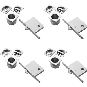 4 PACK - Complete Locking Sliding Pocket Door Pack Set- Satin Nickel - Square Thumbturn WC