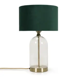 ValueLights Jessy Glass and Gold Metal Bedside Table Lamp with a Forest Green Velvet Lampshade