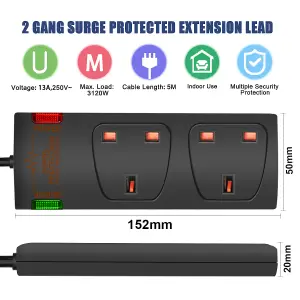 Extrastar 2 Gang Surge-Protected Extension Lead 5M Black, 13A