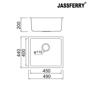 JASSFERRY Undermount Stainless Steel Kitchen Sink 1 Single Deep Square Bowl, 490 x 440 mm