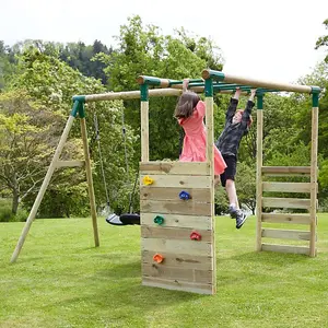 Rebo Wooden Garden Children's Swing Set with Extra-Long Monkey Bars - Single Swing - Solar Green