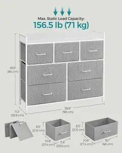 SONGMICS Fabric Drawer Chest, Bedroom Storage Cabinet, 7 Drawers with Handles, Metal Frame, Dove Grey and Cloud White