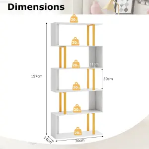 COSTWAY 5-Tier Geometric Bookcase 157 cm S-Shaped Bookshelf with Metal Frame