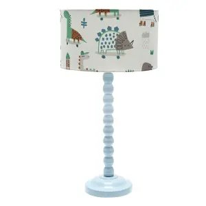 Powder Blue Bobbin Stem Table Lamp with Cartoon Dino Drum Shade for Living Room Bedroom - LED Bulb Included