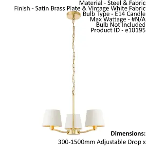 Ceiling Pendant Light Satin Brass & Vintage White Fabric 3 x 40W E14 e10195