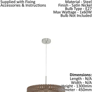 Pendant Ceiling Light Colour Satin Nickel Steel Shade Dark Brown Wood E27 1x60W