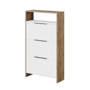 Decortie Kaju Shoe Cabinet 3 Drop-doors 1 Shelf Modern Shoe Storage Solution White Dark Oak Effect H 139cm