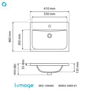 5089 Ceramic 60cm x 45cm Thin-Edge Inset Basin with Dipped Bowl