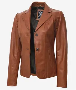 Womens Two Button Brown Leather Blazer - Casual Leather Jacket Blazer In UK