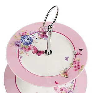 London Boutique 3 Tiered Cake Stands Afternoon tea Porcelain Shabby Chic Butterfly in gift box