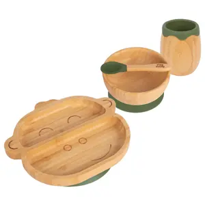 Tiny Dining 4pc Monkey Bamboo Suction Baby Feeding Set - Olive Green