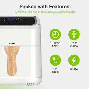 Vonshef Air Fryer 5l - Family Size, 10-in-1, Led Display, Healthy Oil-free Cooking, Nordic Design With Timer - Cream