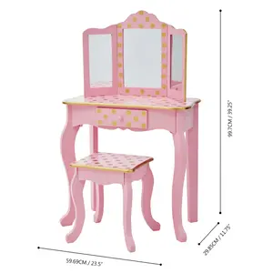 Teamson Kids Dressing Table, Play Vanity Set with Mirror & Stool - Pink/Gold/Polka Dots