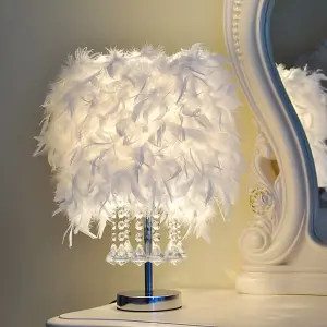 White Modern Feather Bedside Table Lamp with Crystal Pendant 30 x 45 cm