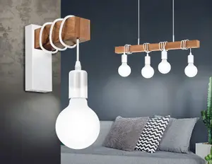 Hanging Ceiling Pendant Light White & Wood 4x E27 Kitchen Island Multi Lamp