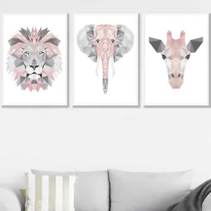 Set of 3 Geometric Pink Grey Jungle Animal Heads Wall Art Prints / 50x70cm / White Frame