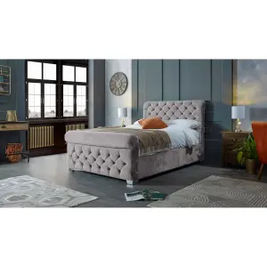 Veneta Plush Velvet Silver Bed Frame