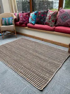 CHAKKAR DARK Stripe Rectangular Jute Beige Black Rug / 120 cm x 180 cm