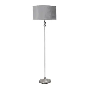 ValueLights Maggie Brushed Chrome Candlestick Floor Lamp with Grey Velvet Lamp Shade and LED Bulb