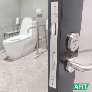 AFIT Lift to Lock Handle Set & DIN Lock for Bathroom / Toilet Cubicle Doors - Satin Stainless - for 60 Minute Fire Doors