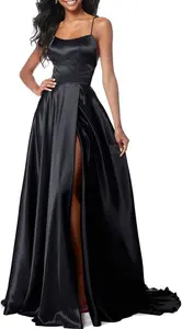 Lecureler Long Satin Spaghetti Strap Prom Dress