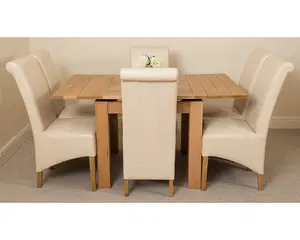 Richmond 90cm - 150cm Square Oak Extending Dining Table and 6 Chairs Dining Set with Montana Ivory Leather Chairs