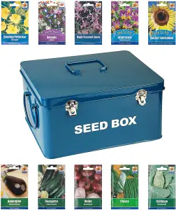 simpa Blue Seed Storage Utility Tin with 10PK Starter Vegetable & Flower Seed Packets.