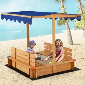 Costway Kids Wooden Sandbox with Canopy Kids Play Station with 2 Benches