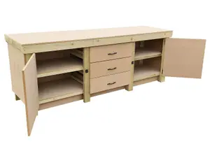 Wooden work bench with drawers and double lockable cupboard (V.8) (H-90cm, D-70cm, L-240cm) with double shelf