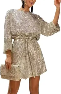 Women Long Sleeve Sequins Glitter Dress Party Sparkle Loose Fit Shift Mini Short Dress With Belt