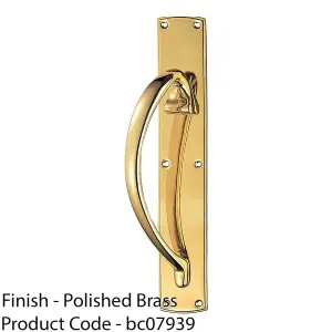 Left Handed Curved Door Pull Handle 457mm x 75mm Backplate Polished Brass