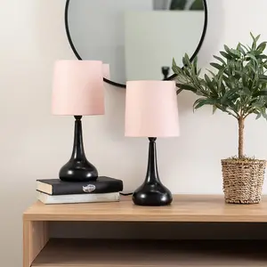 Pair - Black Teardrop Touch Dimmer Table Lamps with Blush Pink Shade for Bedside Table Bedroom Light