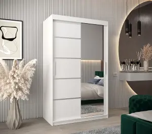 Verona 02 Contemporary 2 Mirrored Sliding Door Wardrobe 5 Shelves 2 Rails White Matt (H)2000mm (W)1200mm (D)620mm