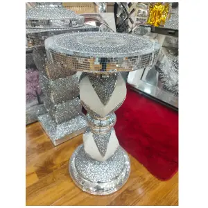 White Silver Side Table Crushed Diamond Glitter Mirrored End Table F096