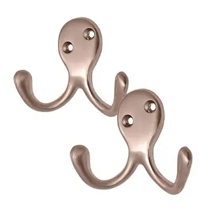 2 x Satin Nickel Double Coat Hooks, Door & Wall Robe Dress Garment Hangers