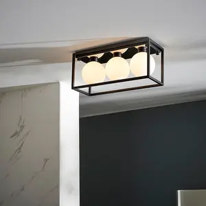 Matt Black Rectangular Framed Flush Bathroom Ceiling Light & Sphere Glass Shades