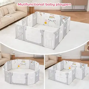 12+2 Panel Baby Foldable Playpen with Safety Gate 25 Sq.ft - Grey White