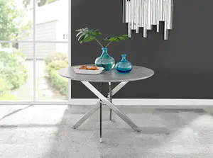 Furniturebox UK Novara Grey Concrete Effect 120cm Round Dining Table & 4 Green Velvet Milan Black Leg Chairs