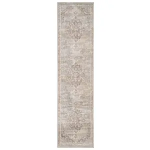 Neutral Beige Traditional Medallion Runner Rug 60x240cm