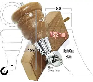 2x DARK OAK STAIN 155mm HIGH WOOD FURNITURE LEGS WITH CHROME CASTOR & 2 CURVED BACK FEET SETTEE CHAIRS, SOFAS M8 TSP2007