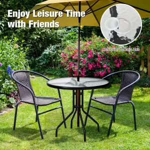 Costway Outdoor Patio Table Round Coffee Tea TableTempered GlassTop with Umbrella Hole