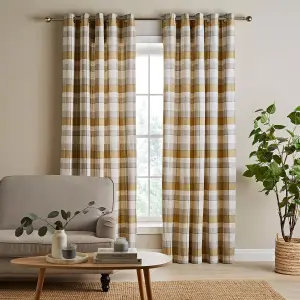 Catherine Lansfield Brushed Cotton Thermal Check 46x72 Inch Lined Eyelet Curtains Two Panels Ochre Yellow