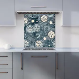 Silver Blue Moon and Stars Premium Glass Kitchen Splashback W700mm x H650mm