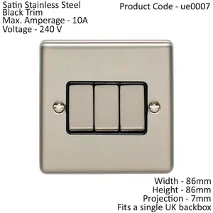 3 Gang Triple Light Switch SATIN STEEL 2 Way 10A Black Trim & Metal Rocker